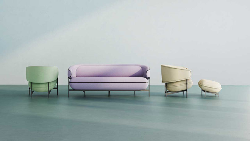 pastel colored oversized sofa and chairs