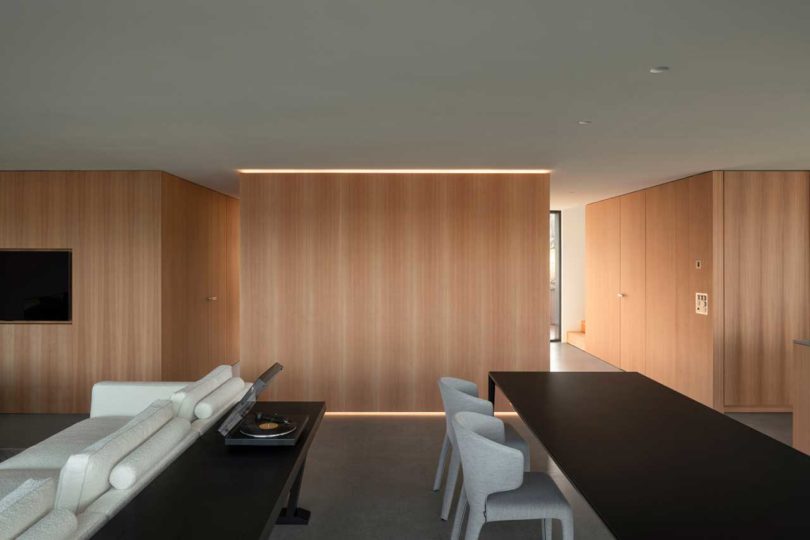 interior view of modern minimalist living space with wood wall background