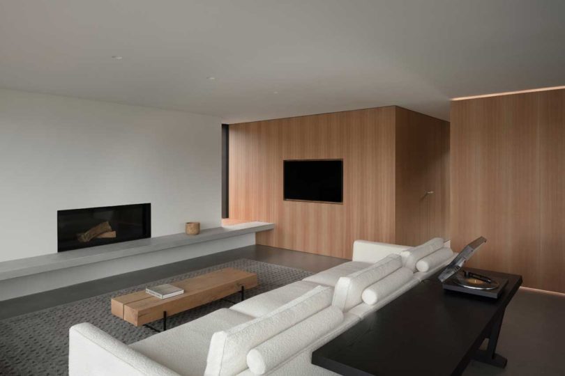 angled interior view of modern minimalist living room