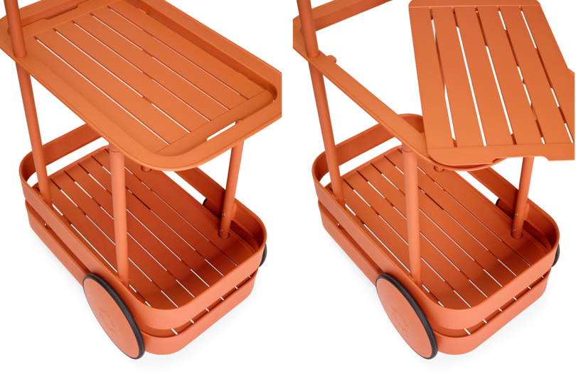 side by side details of an orange bar cart's removable top shelf/tray on white background