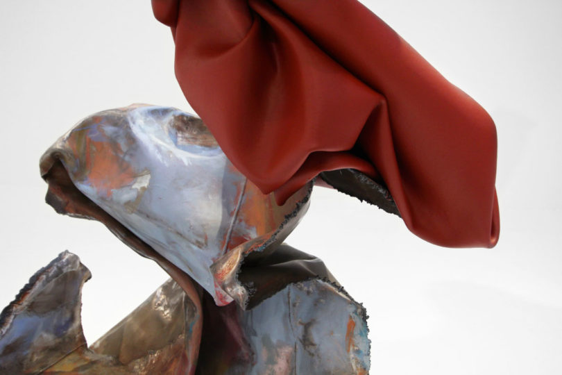 Detail of red folds within sculpture "Breath of the earth"