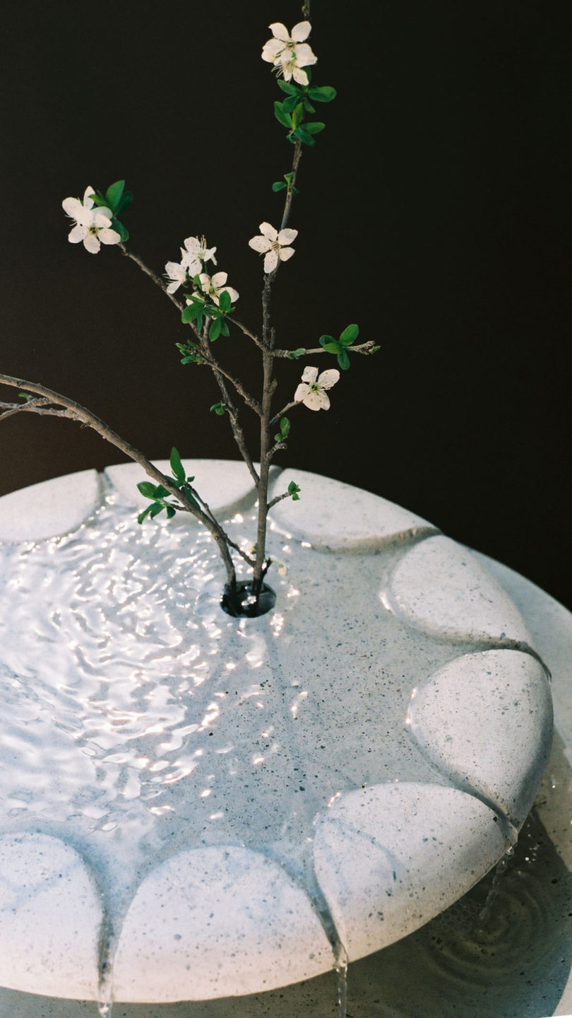 Loop Fountain shown with small arrangement of branches with blooming white flowers.