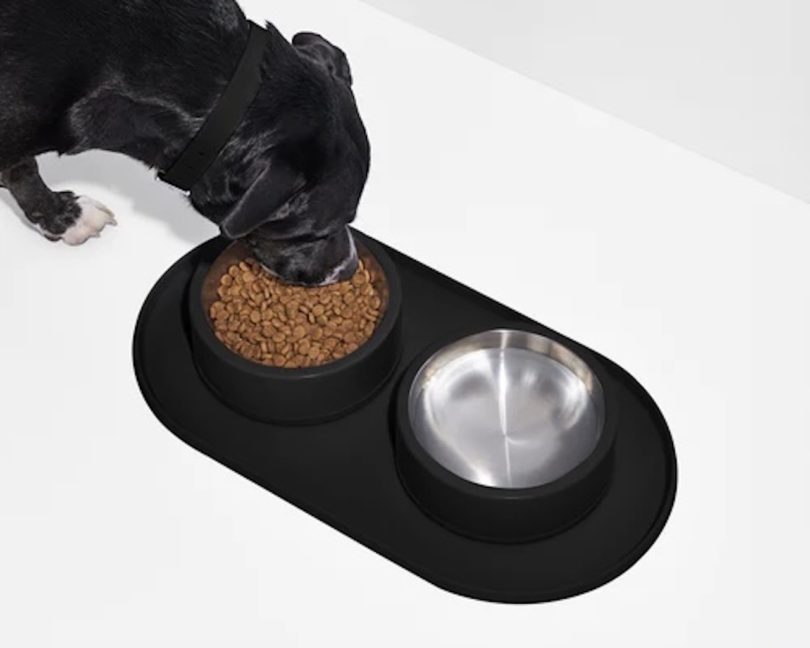 Black dog eating kibble from black bowl on a black placemat from Wild One Pet