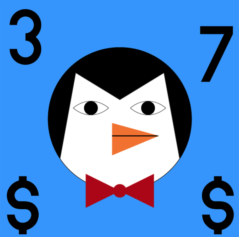 illustration of a penguin wearing a red bowtie on a blue background with the number 37 and $$