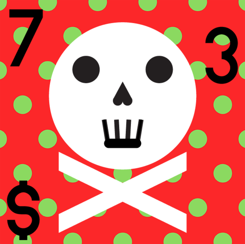 illustration of a white skull and crossbones on a red and green polkadot background with the number 73 and $
