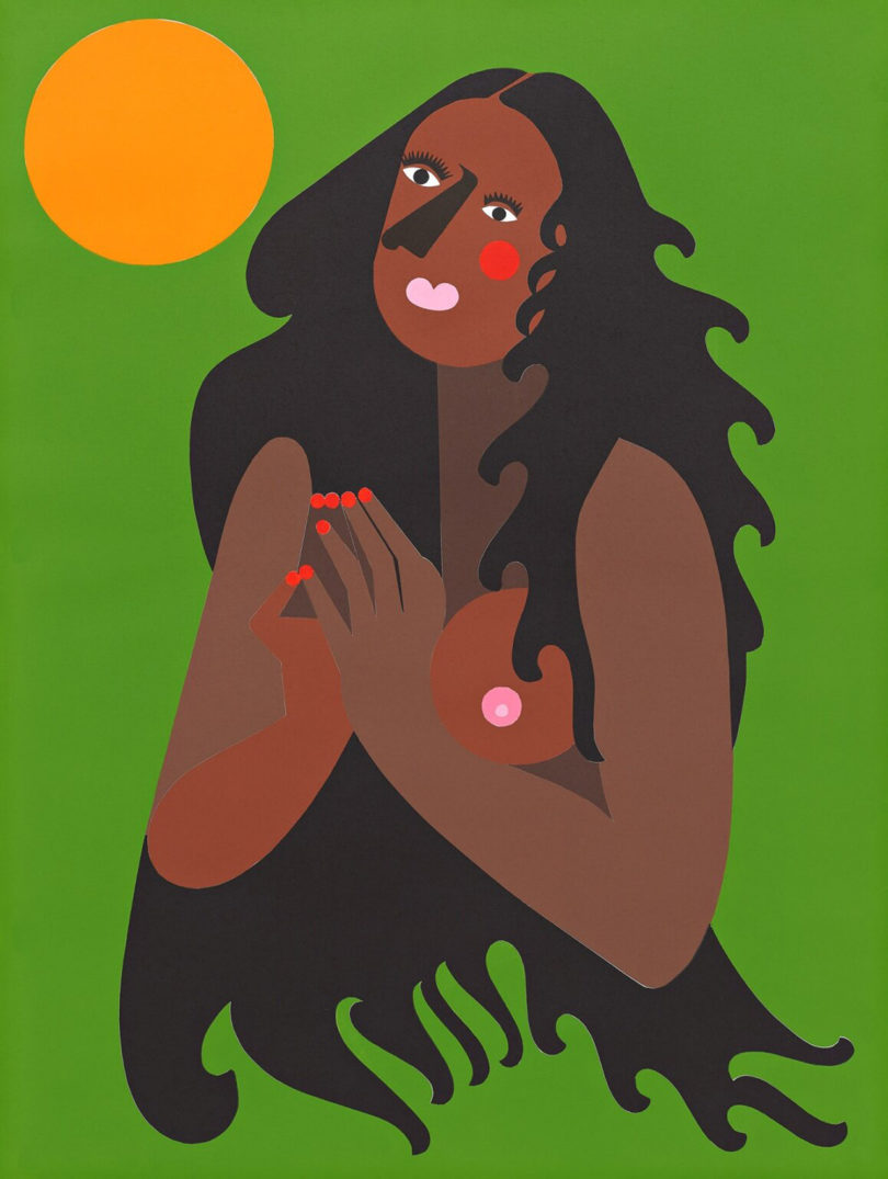 painting of a brown-skinned woman with long brown hair on a green background