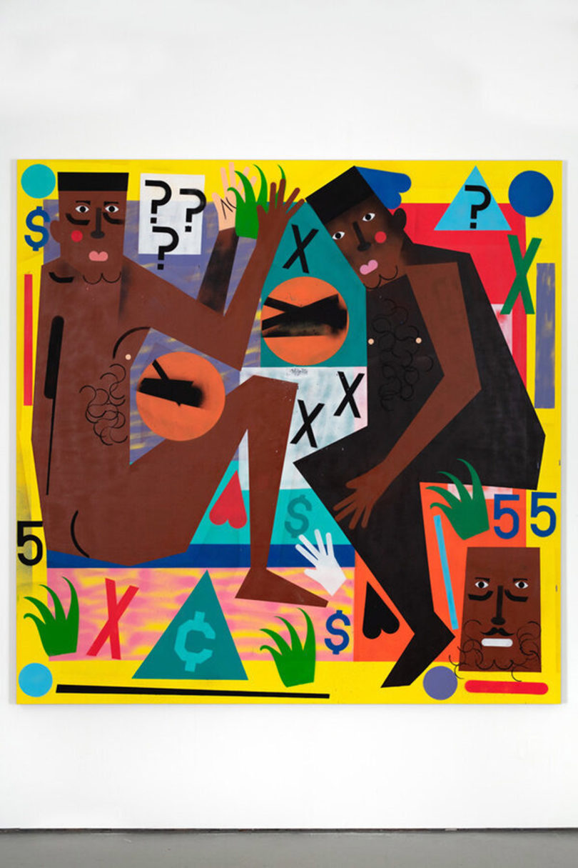 abstract painting of two brown-skinned people surrounded by colorful shapes, numbers, and symbols