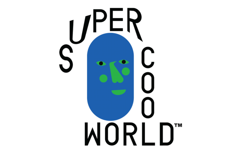 illustrated blue face with green features and the words Super Cool World