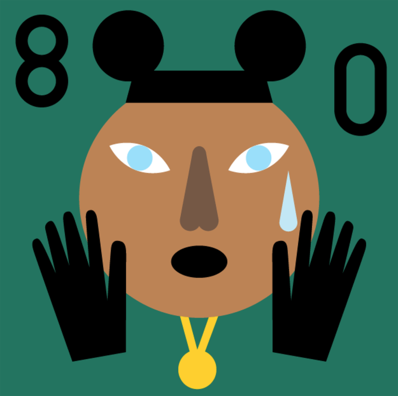 illustration of a brown-skinned, blue-eyed person on a dark green background with the number 80
