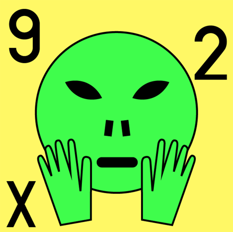 illustration of a neon green alien on a yellow background with the number 92 and the letter X