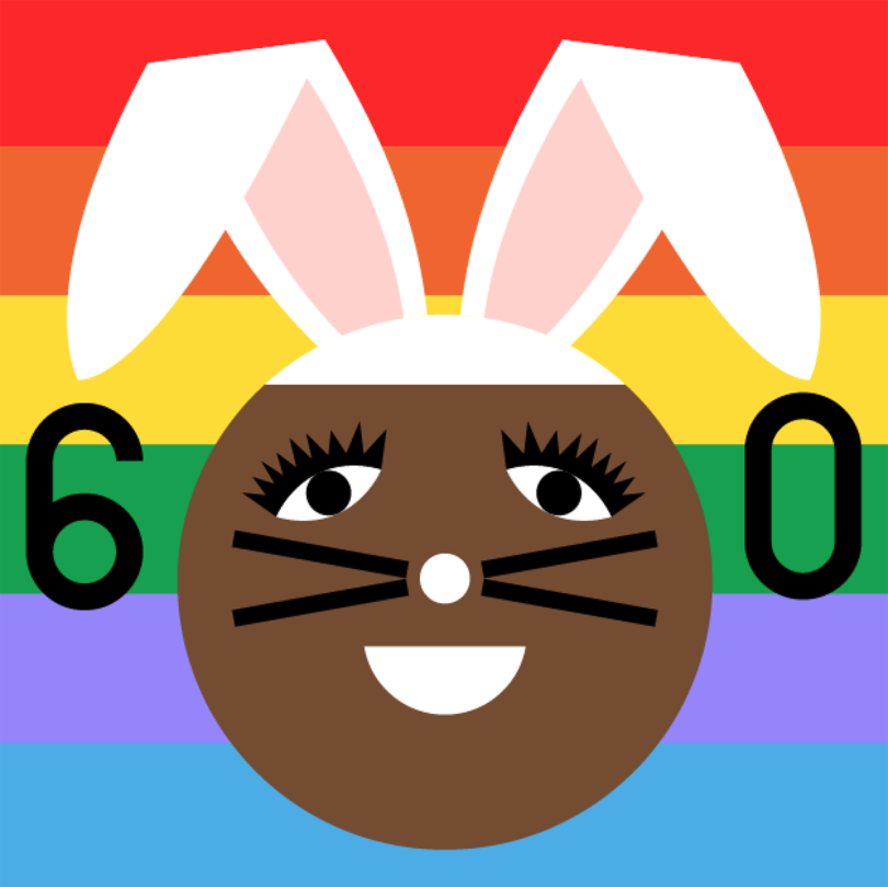 illustration of a brown-skinned person wearing rabbit ears on a rainbow background with the number 60