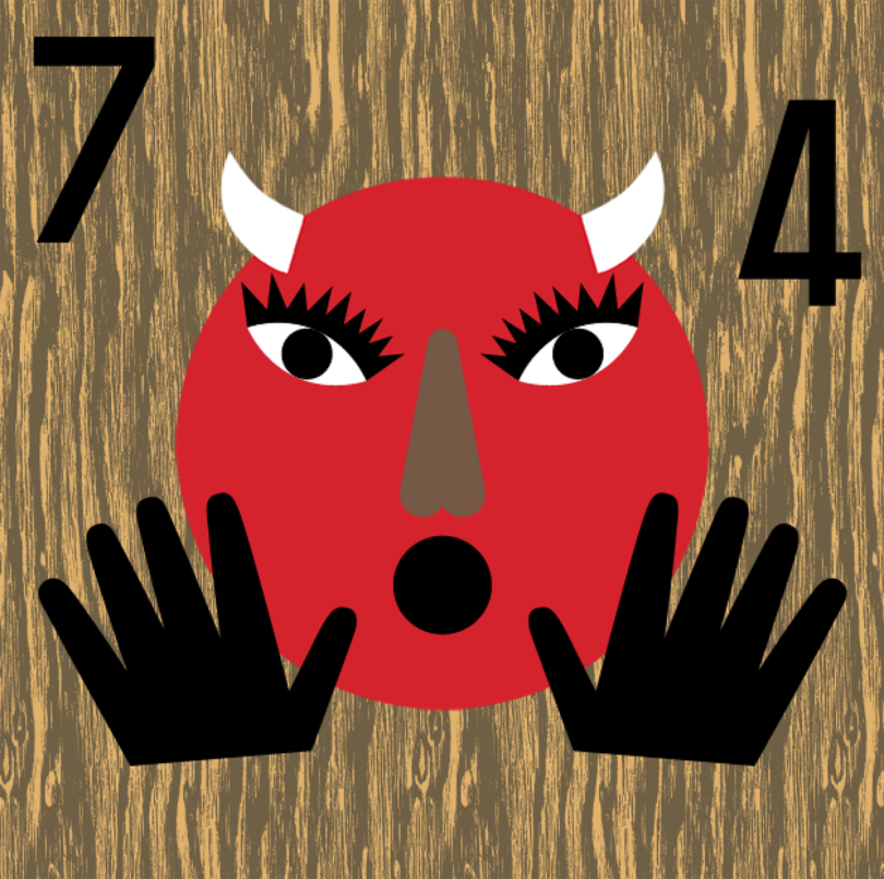 illustration of a red devil on a woodgrain background with the number 74