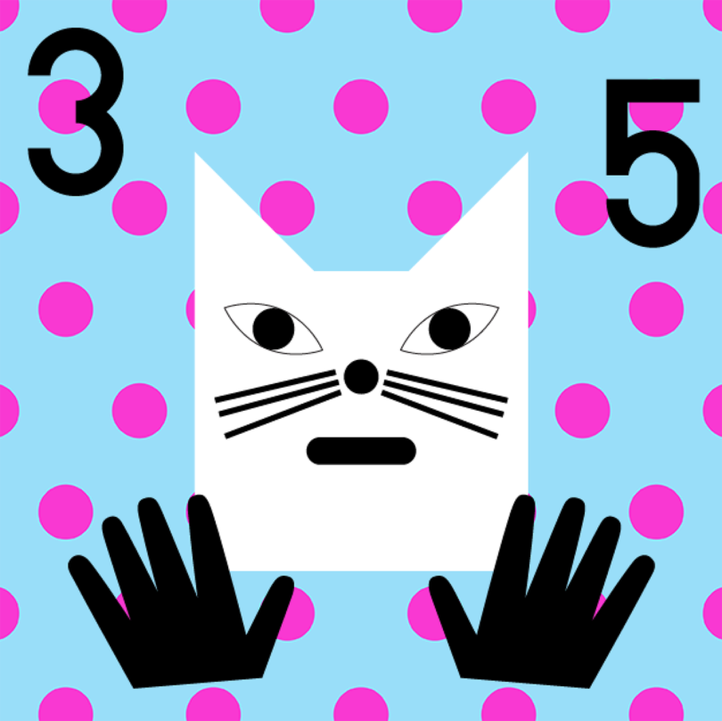 illustration of a white cat on a light blue and magenta polkadot background with the number 35
