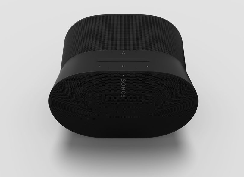 Sonos Era 300 in black finish with cinched center design, shown from angled overhead.