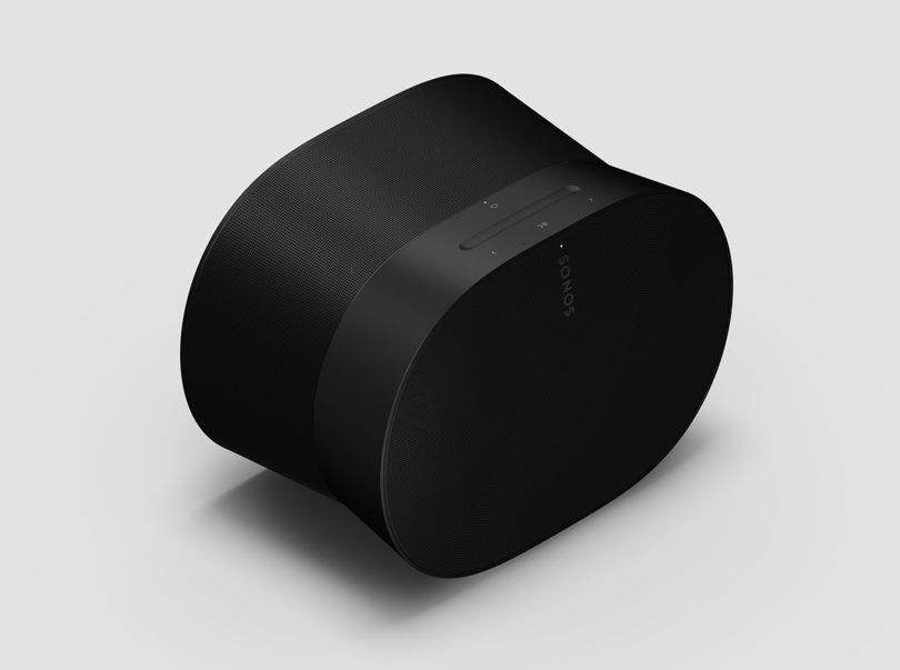 Sonos Era 300 in black finish with cinched center design, shown from angled overhead at an angle.