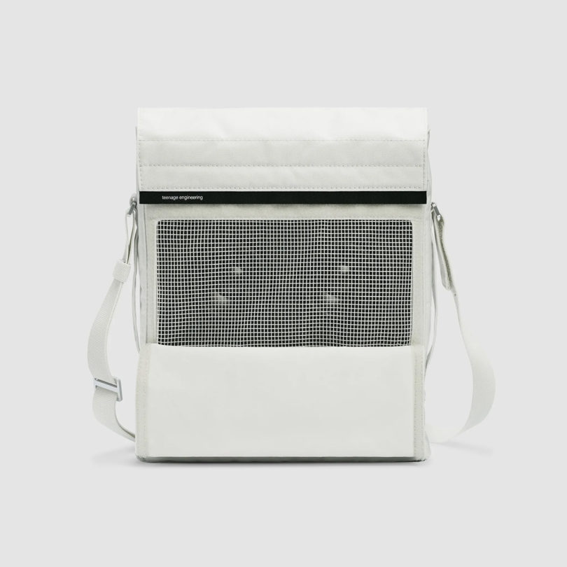 Product shot of Teenage Engineering all-white Field Series field OB–4 shoulder bag.