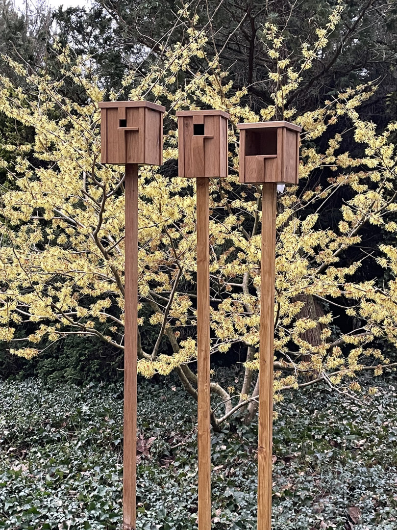 three modern wood bird nesting boxes staked outdoors