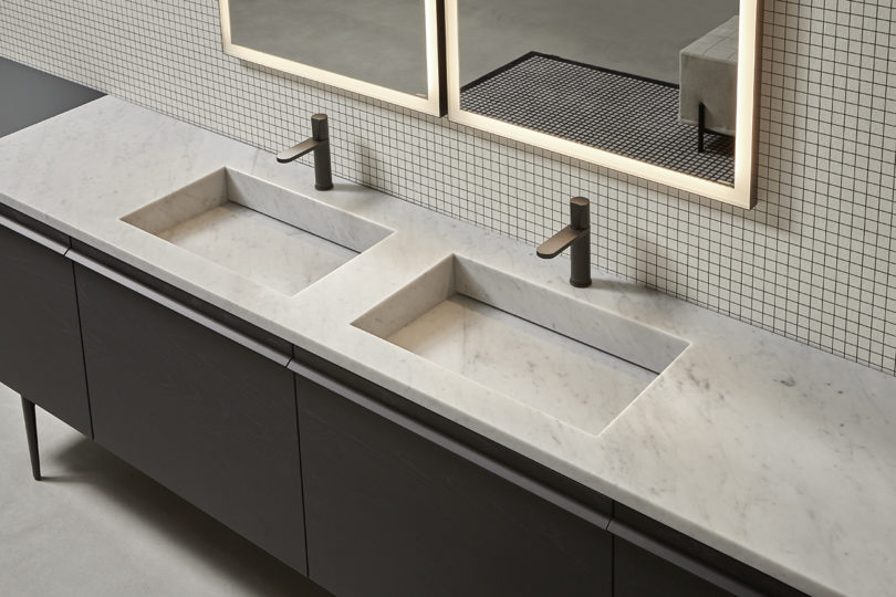 bathroom vanity for wooden facade, dual sinks, and two illuminated mirrors