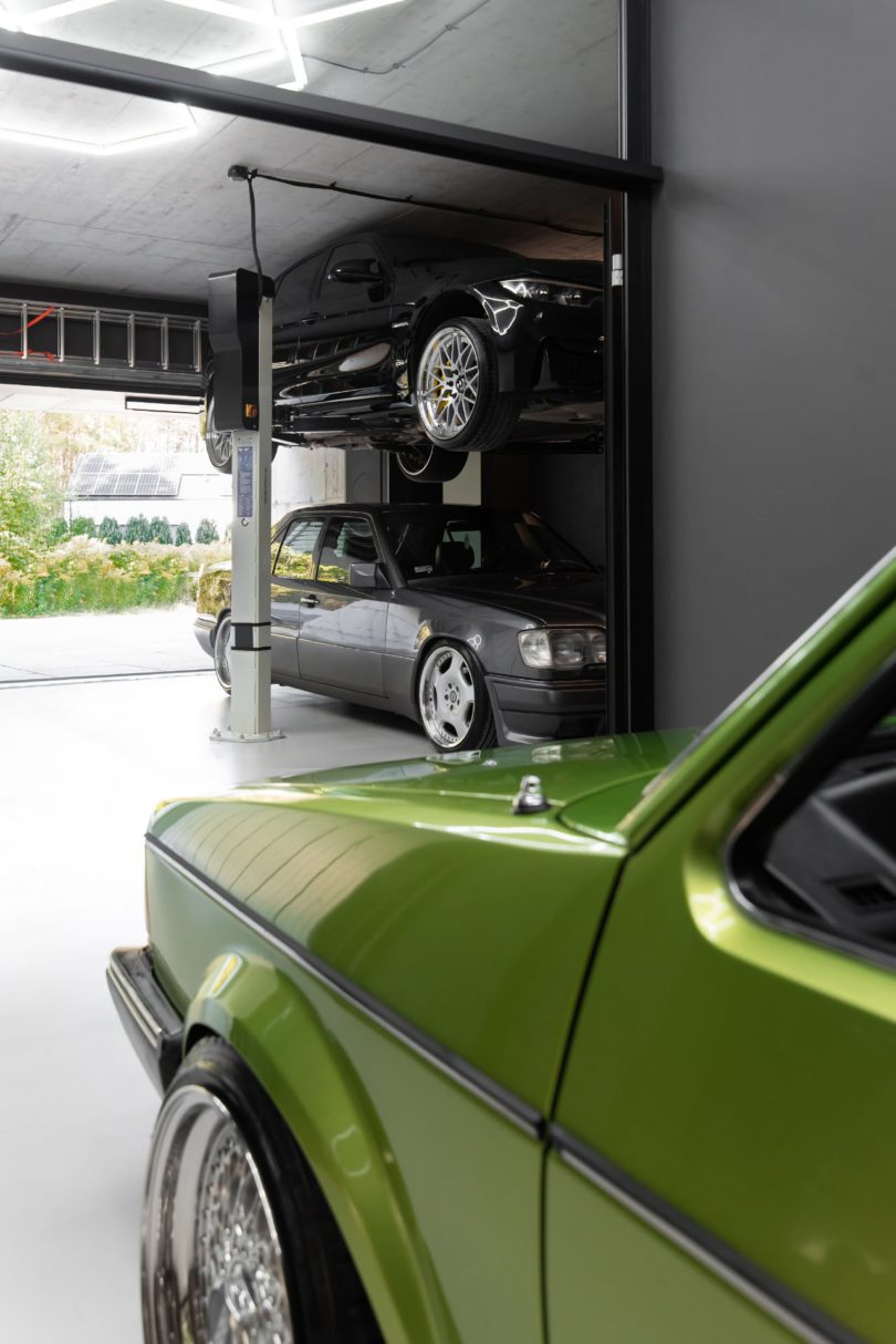 modern black garage with three cars