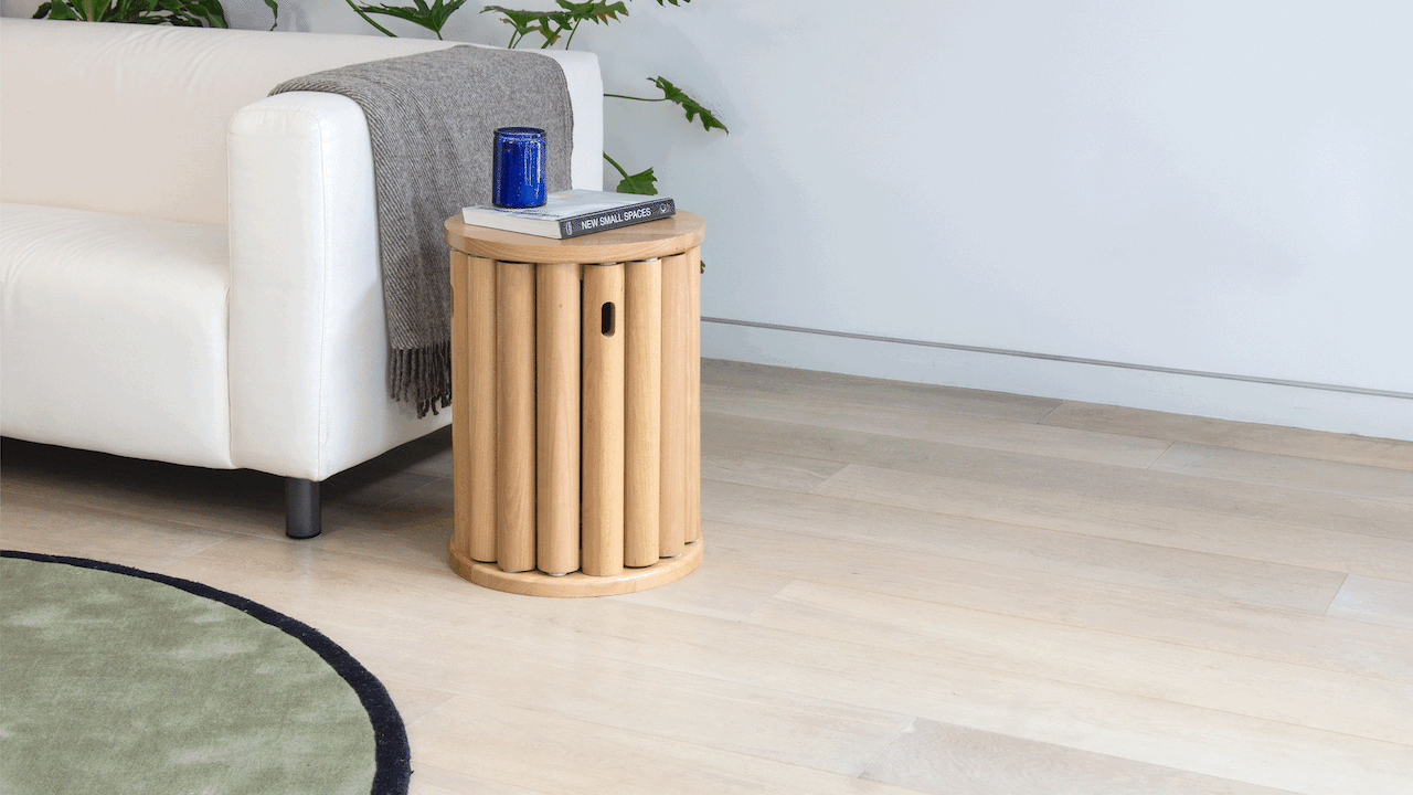 wooden side table turns into four stools