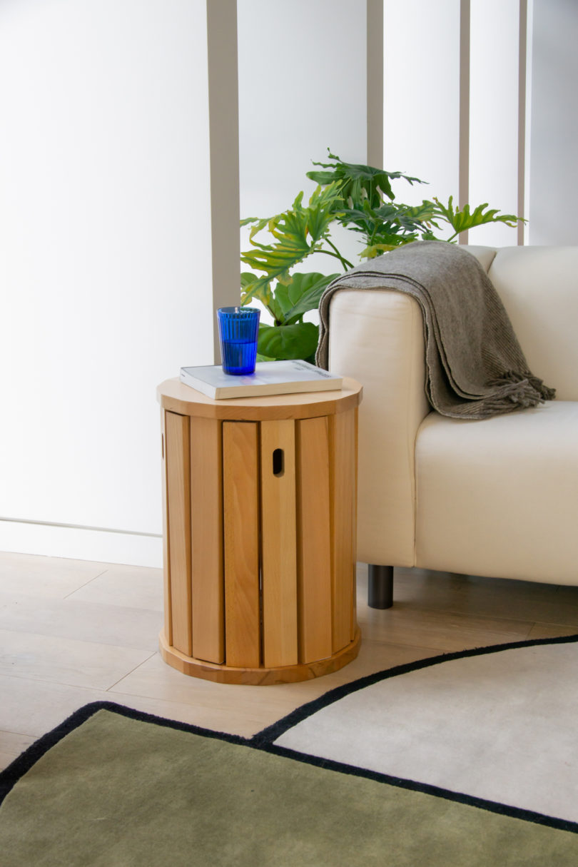 wooden side table that turns into four stools