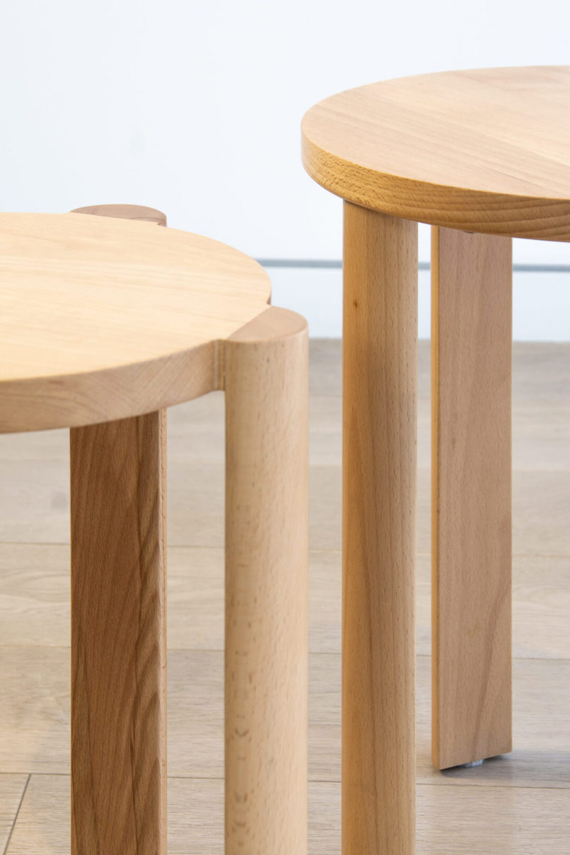 close up of wooden stools