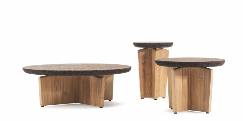 three tables made from black cork and teakwood