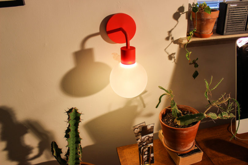 red wall light next to plants