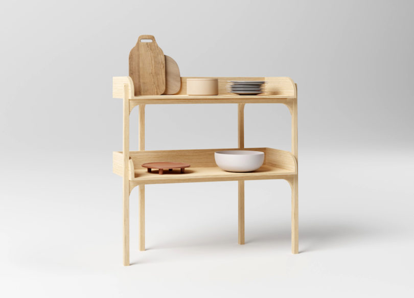 kitchenwares on two tiered wood shelves