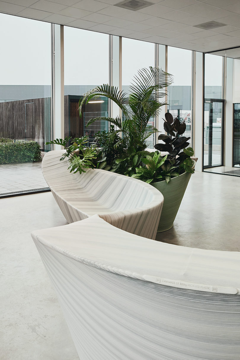 sculptural, white and grey furniture in office lobby