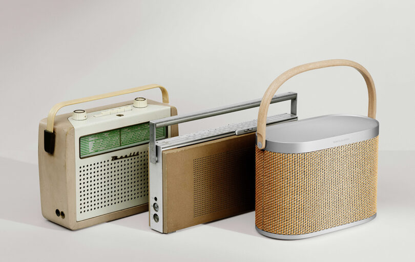Beosound A5 shown alongside two earlier 1960's era Bang & Olufsen portable radio designs