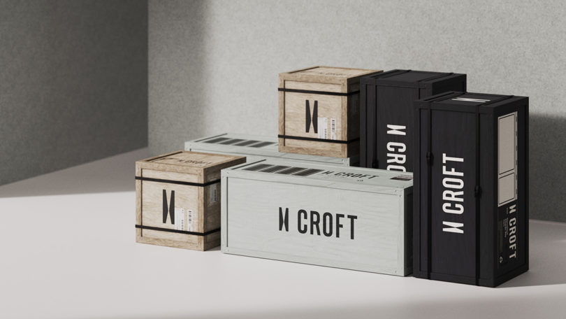 Croft wood crate packaging in natural wood, soft sage and all black finishes imprinted with logo designed by LAYER