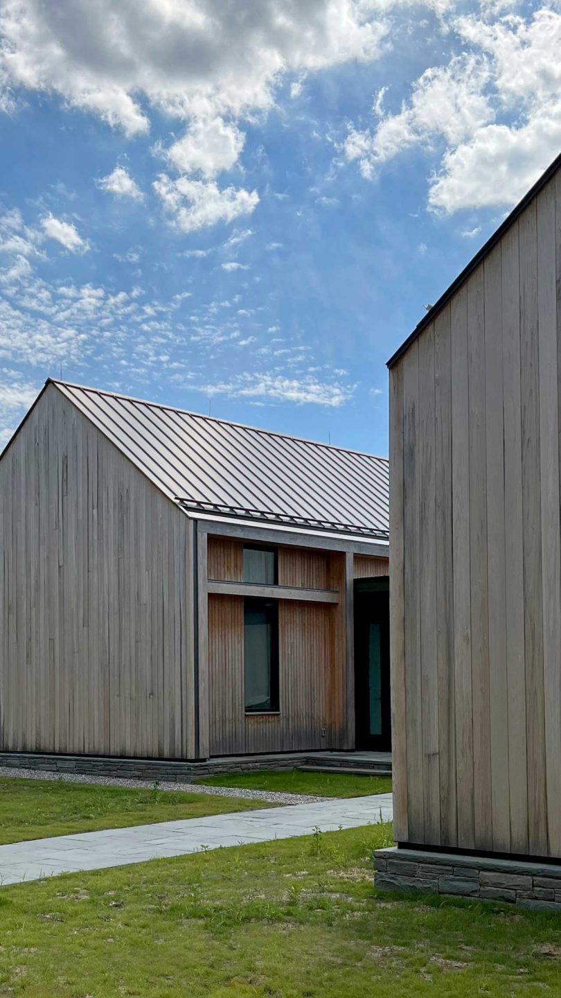 angled exterior view of modern wood house