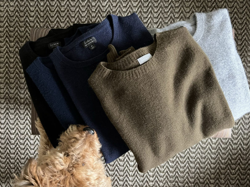a stack of colored cashmere sweaters with a golden dog peeking into frame