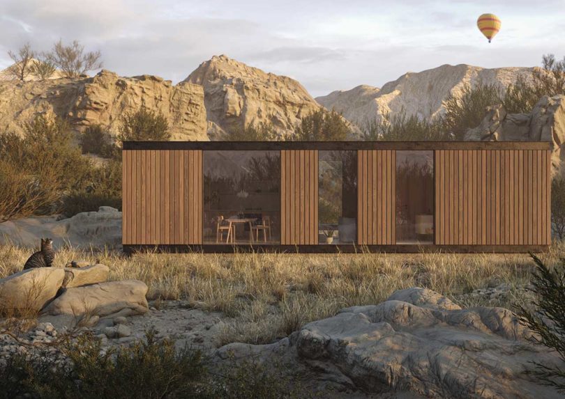 rendering of exterior view of tiny home in wilderness