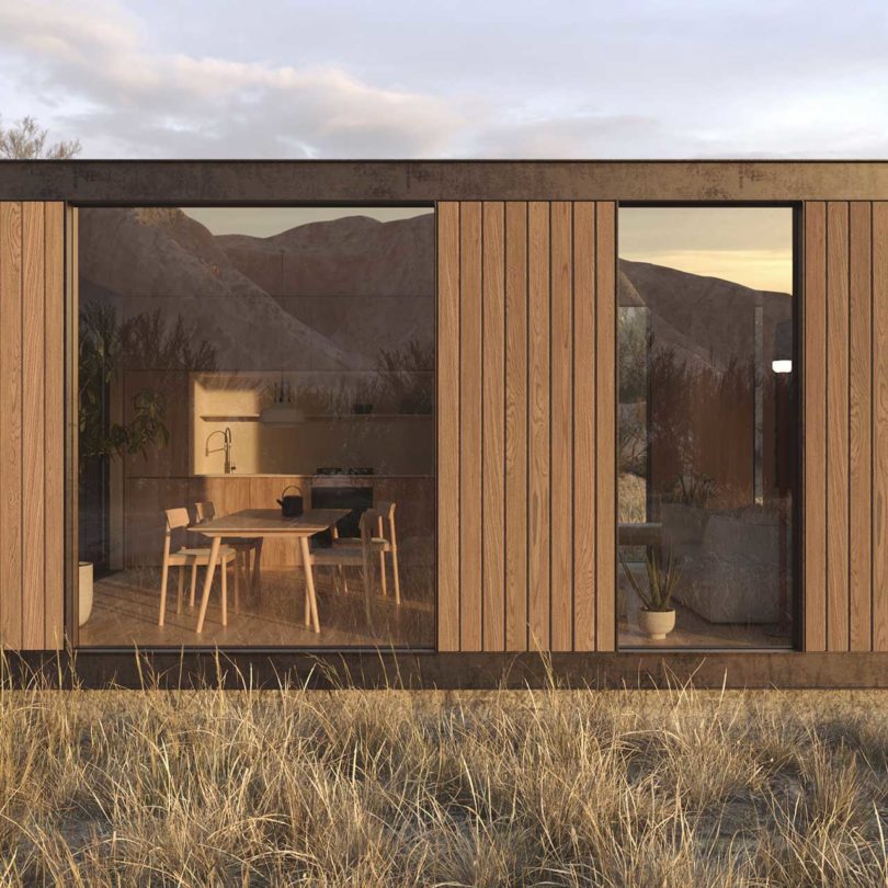 closeup exterior rendering of brown and glass tiny home