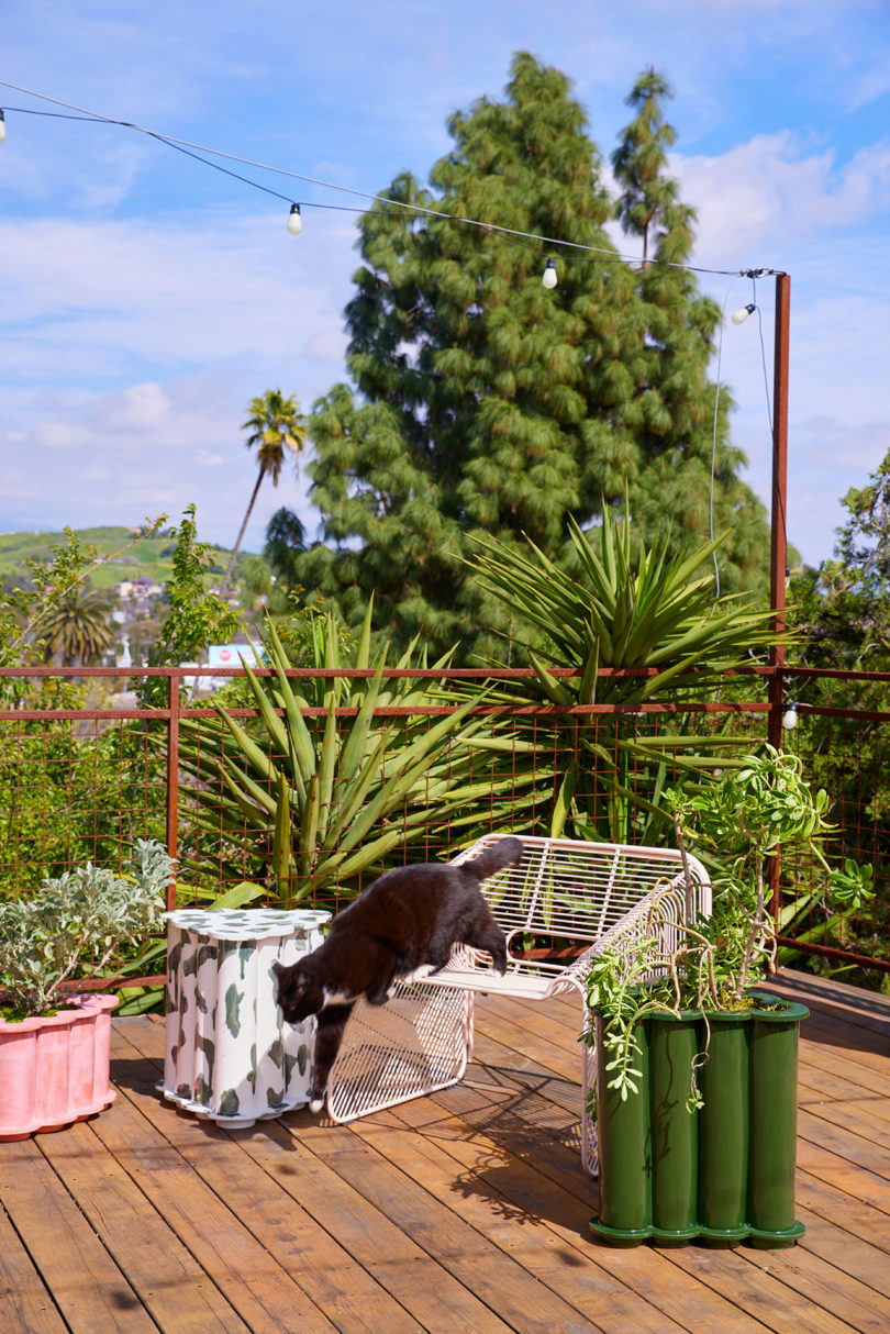 outdoor deck with two planters, a side table, a chair, and a black cat jumping off of the chair