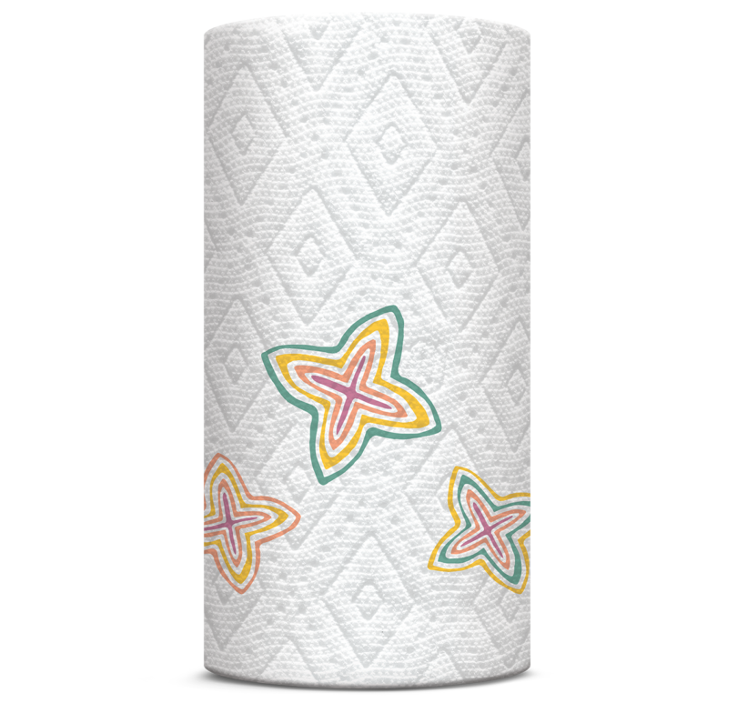 roll of paper towels featuring a red, yellow, and teal abstract shape pattern