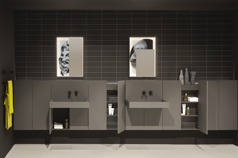 modern grey bathroom with double vanity