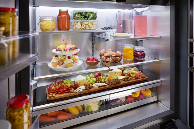 interior of a french door refrigerator/freezer filled with food