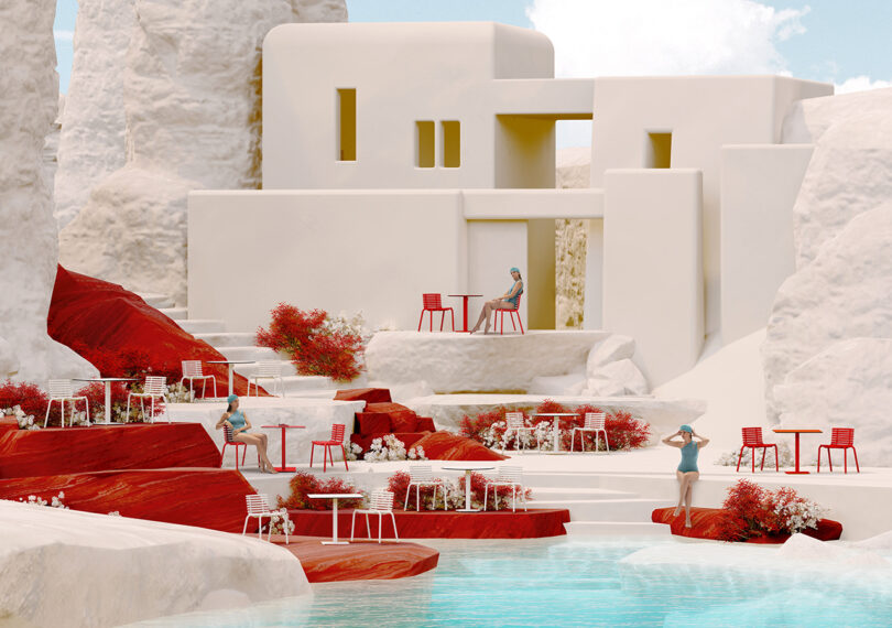 serene scene with a body of water in front of a light colored, angular building surrounded by red and white outdoor furniture
