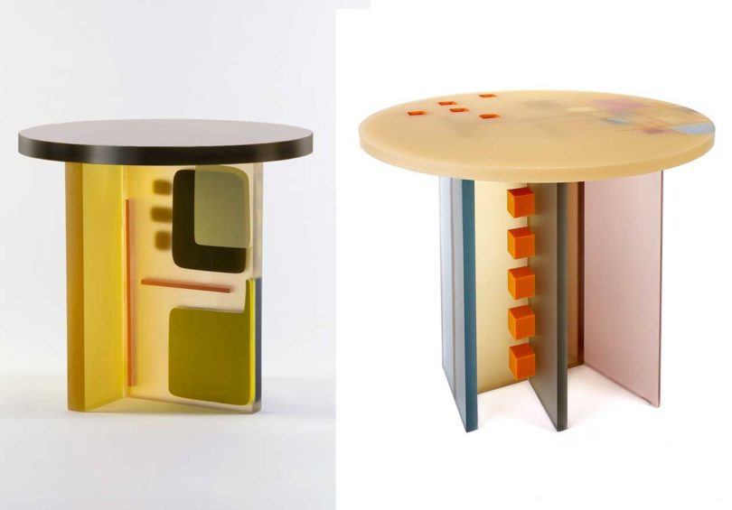 side by side images of two colorful resin tables by Elyse Graham