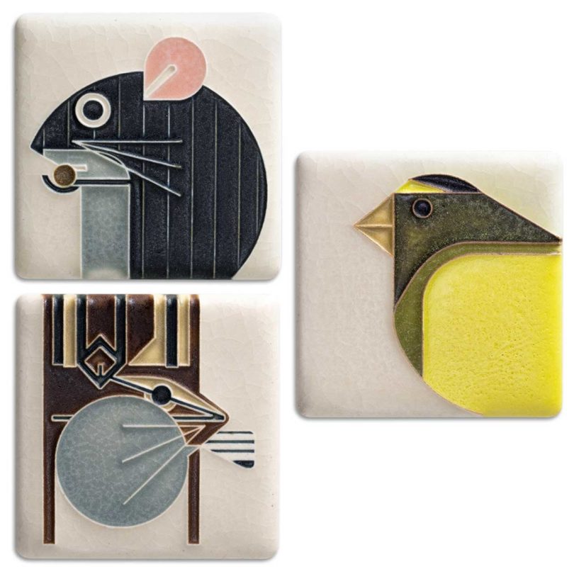 three mini ceramic tiles with charley harper animals