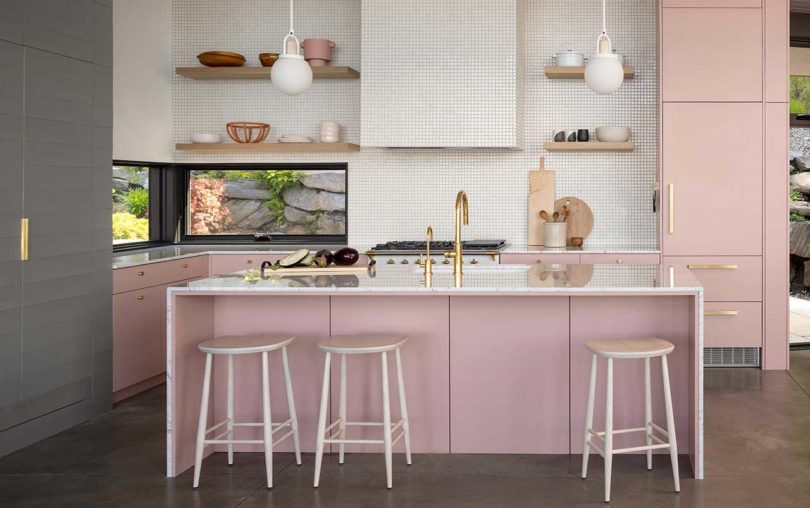 interior view of modern pink kitchen