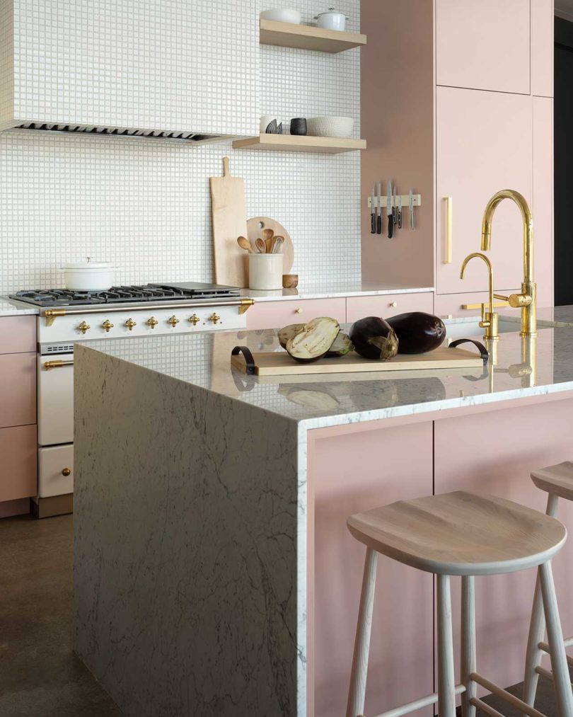 interior view of modern pink kitchen