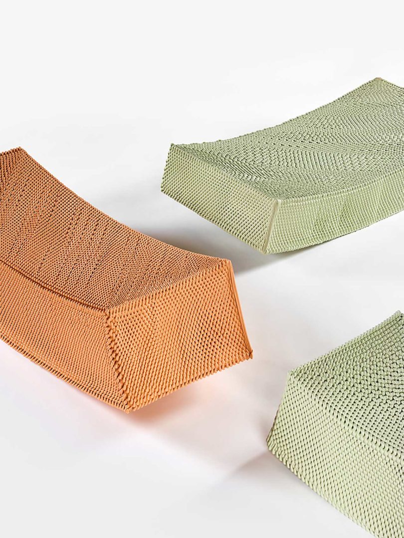 three 3d printed knitted benches