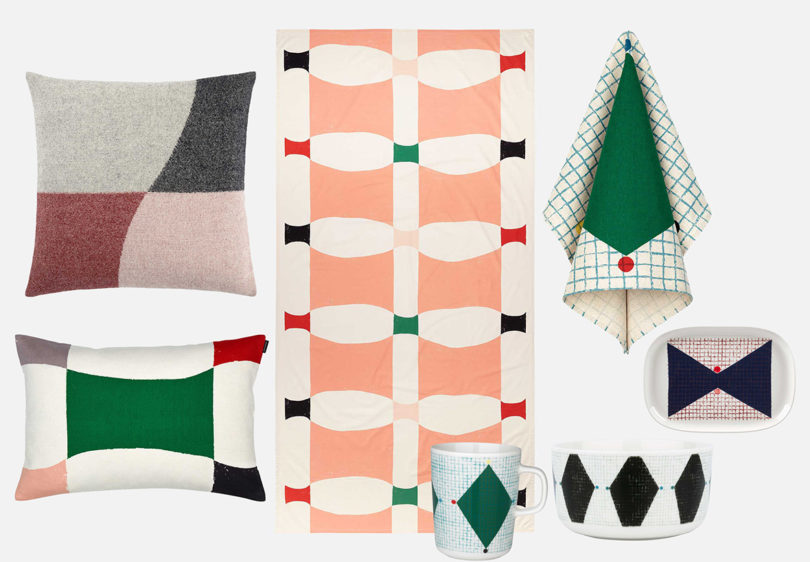 Collage of Marimekko x Finkenauer Artist Series collection, including pillows, throws and homewares ceramics.