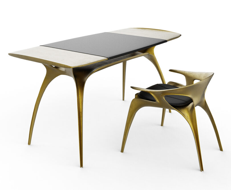 modern gold and black desk and chair on white background