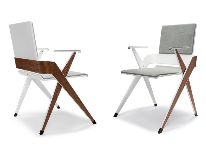 two modern folding chairs on white background