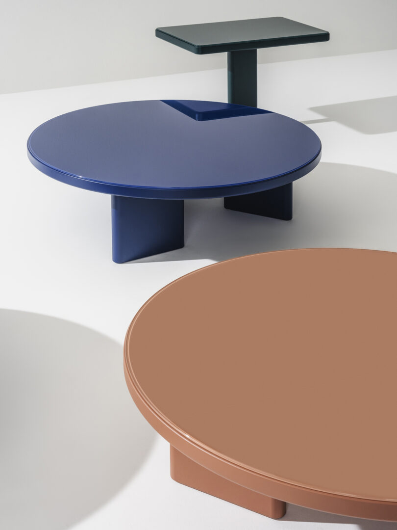 detail of two blue and beige coffee tables